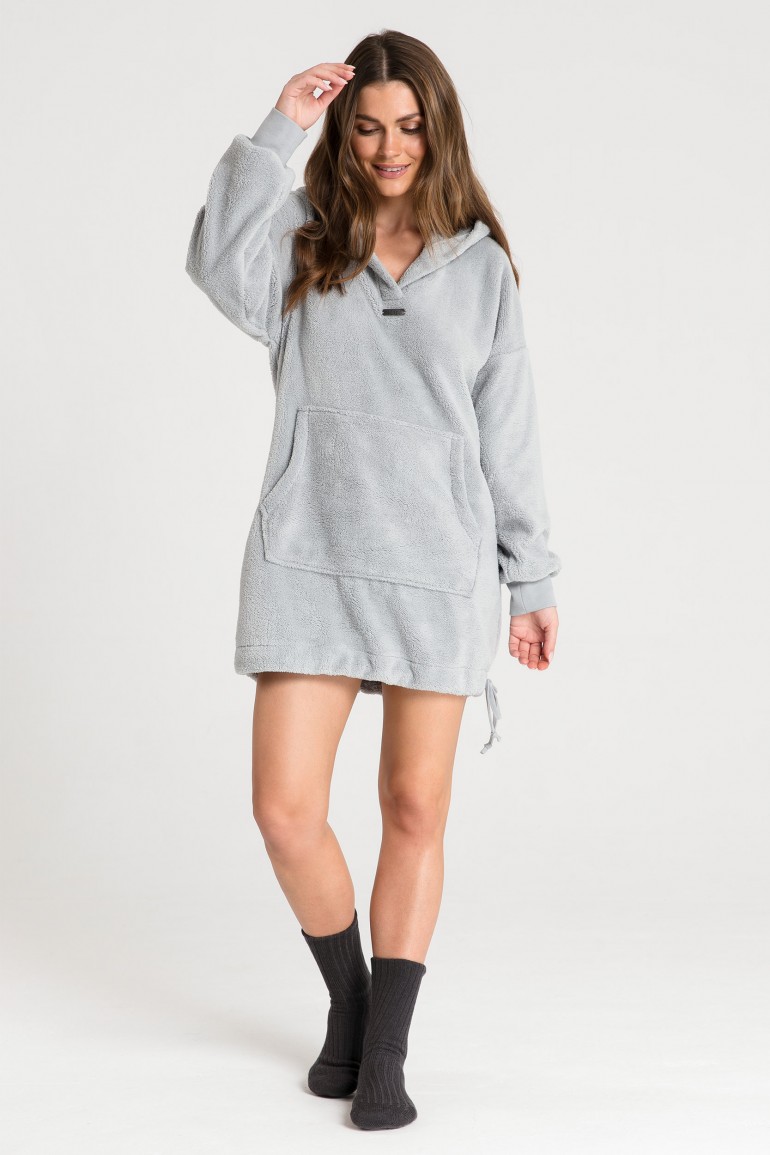 CM6381 Pluszowa bluza oversize z kieszenią kangurek - popielata
