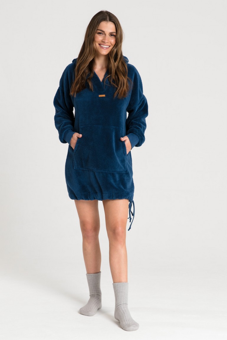 CM6381 Pluszowa bluza oversize z kieszenią kangurek - granatowa