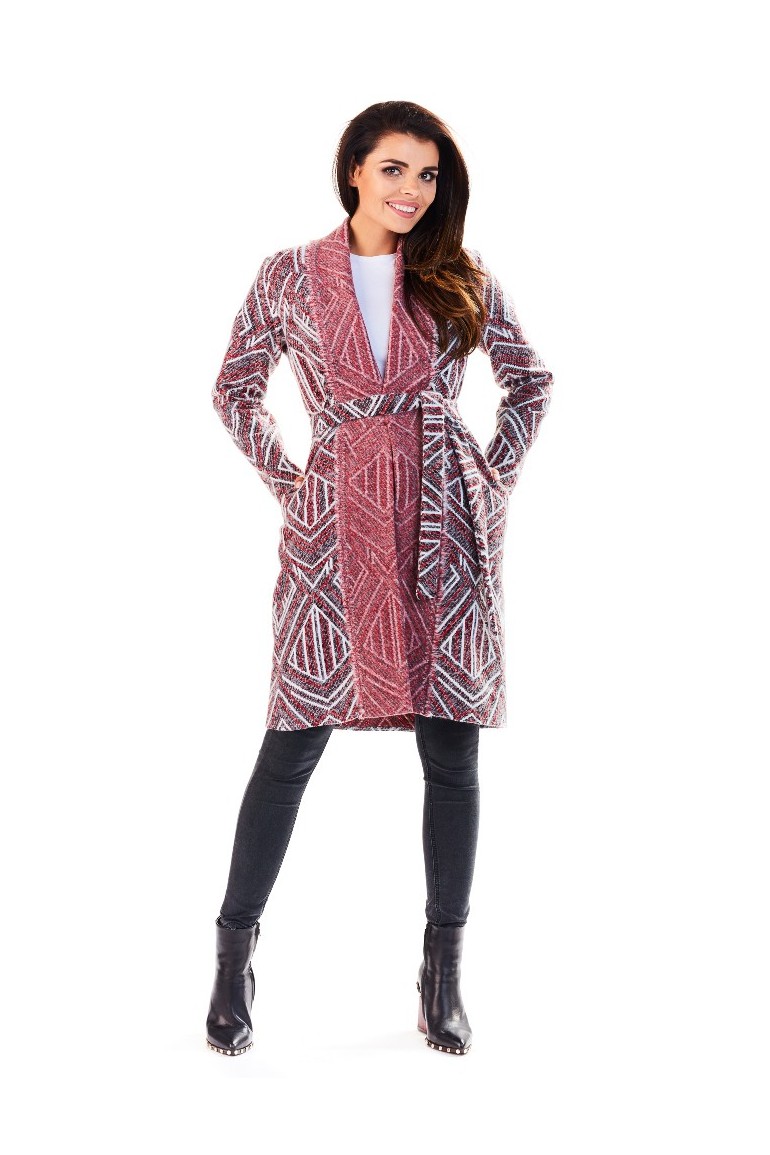 CM3224 Ciepły wzorzysty sweter z wiązanym paskiem - wzór-bordo