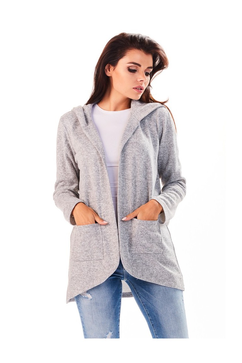 CM3225 Niezapinany kobiecy sweter z kapturem - szary