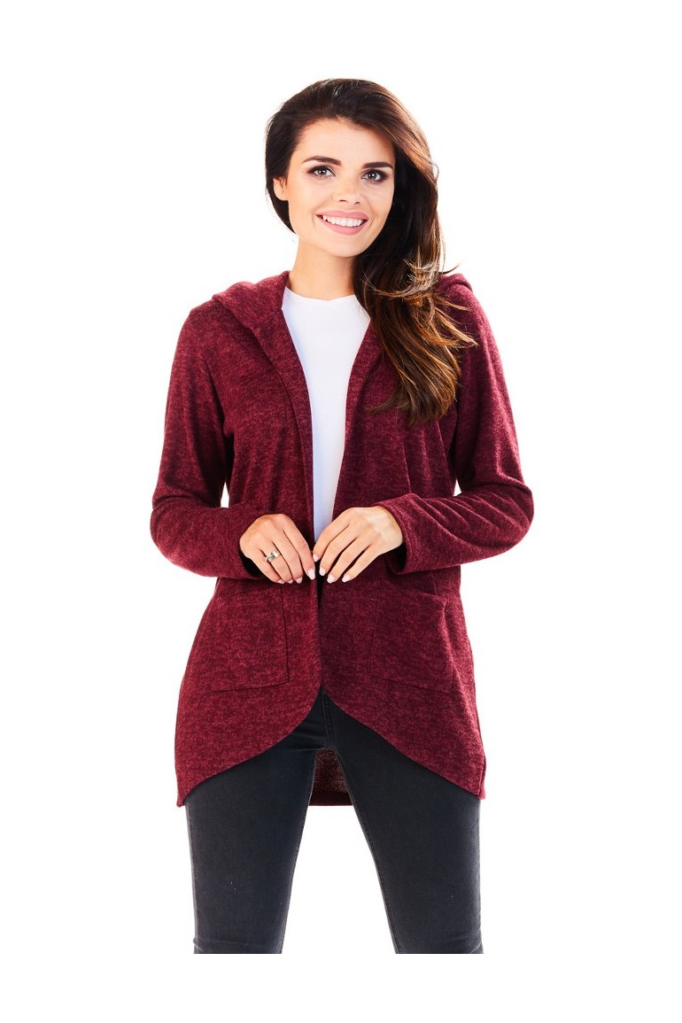CM3225 Niezapinany kobiecy sweter z kapturem - bordowy