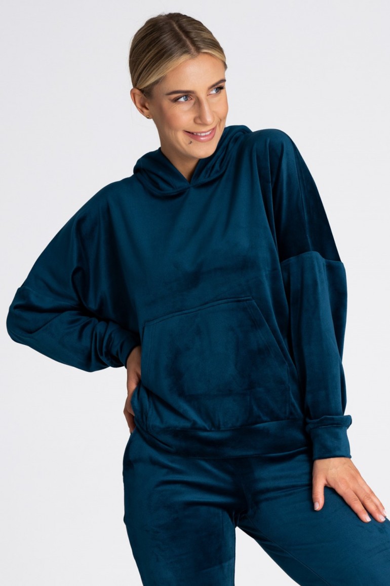 CM7716 Welurowa bluza z kieszenią kangurek - morska