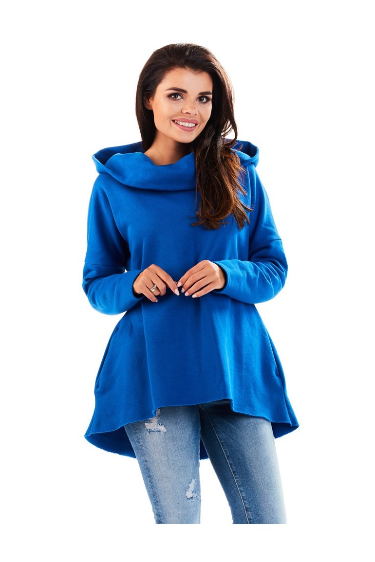 CM3229 Bawełniana bluza damska z obszernym kapturem - niebieska