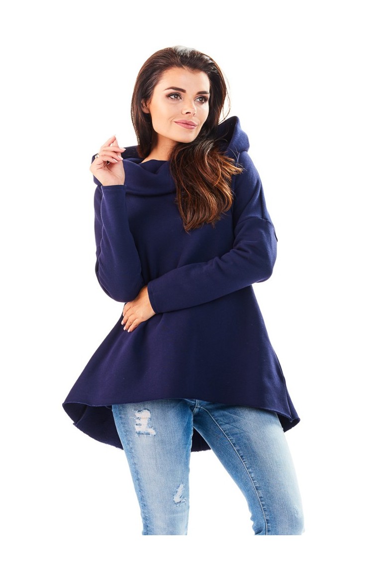 CM3229 Bawełniana bluza damska z obszernym kapturem - granatowa