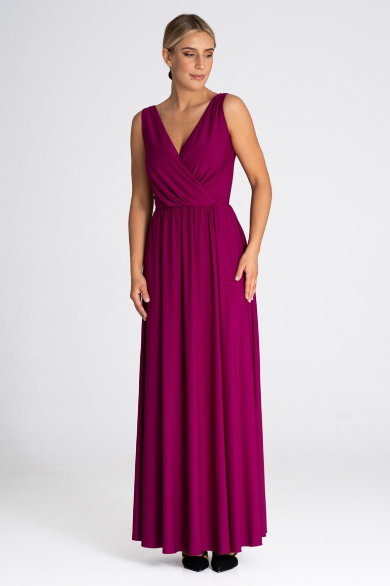 CM7778 Elegancka sukienka maxi z dekoltem V - fuksja