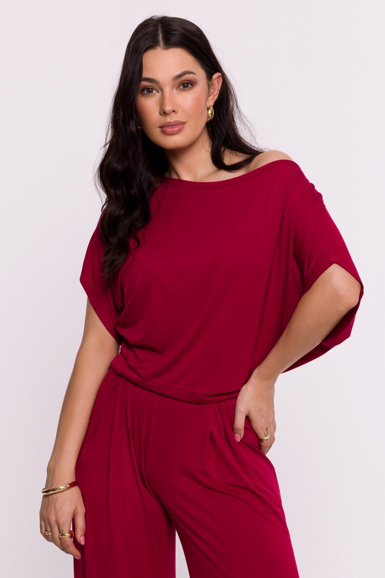 CM8088 Wiskozowa bluza z opadającym ramieniem - bordowa