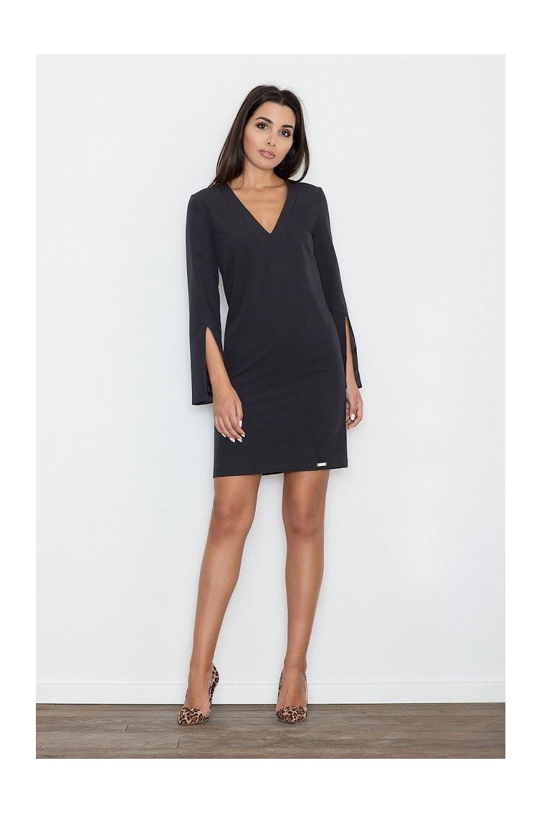 CM3234 Elegancka sukienka z rozciętymi rękawami - czarna