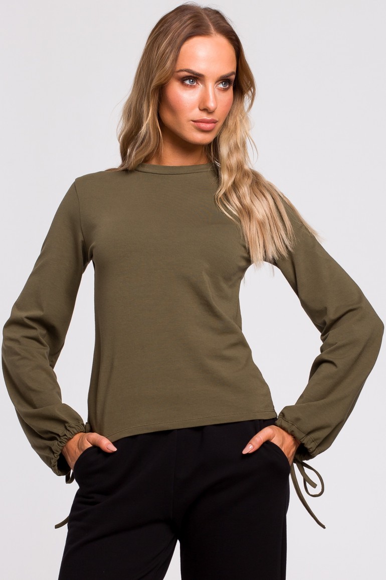 CM4776 Bluzka z bufiastymi rękawami i wiązaniem - khaki