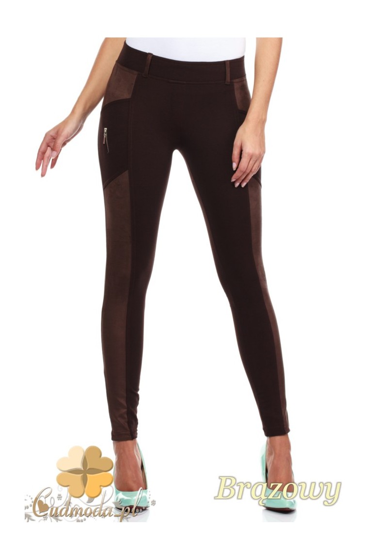 CM0304 Legginsy ze wstawką z zamszu i zameczkami - brązowe