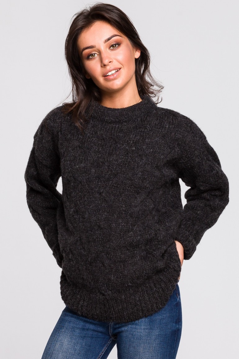 CM4753 Sweter ze splotem typu warkocz - antracytowy
