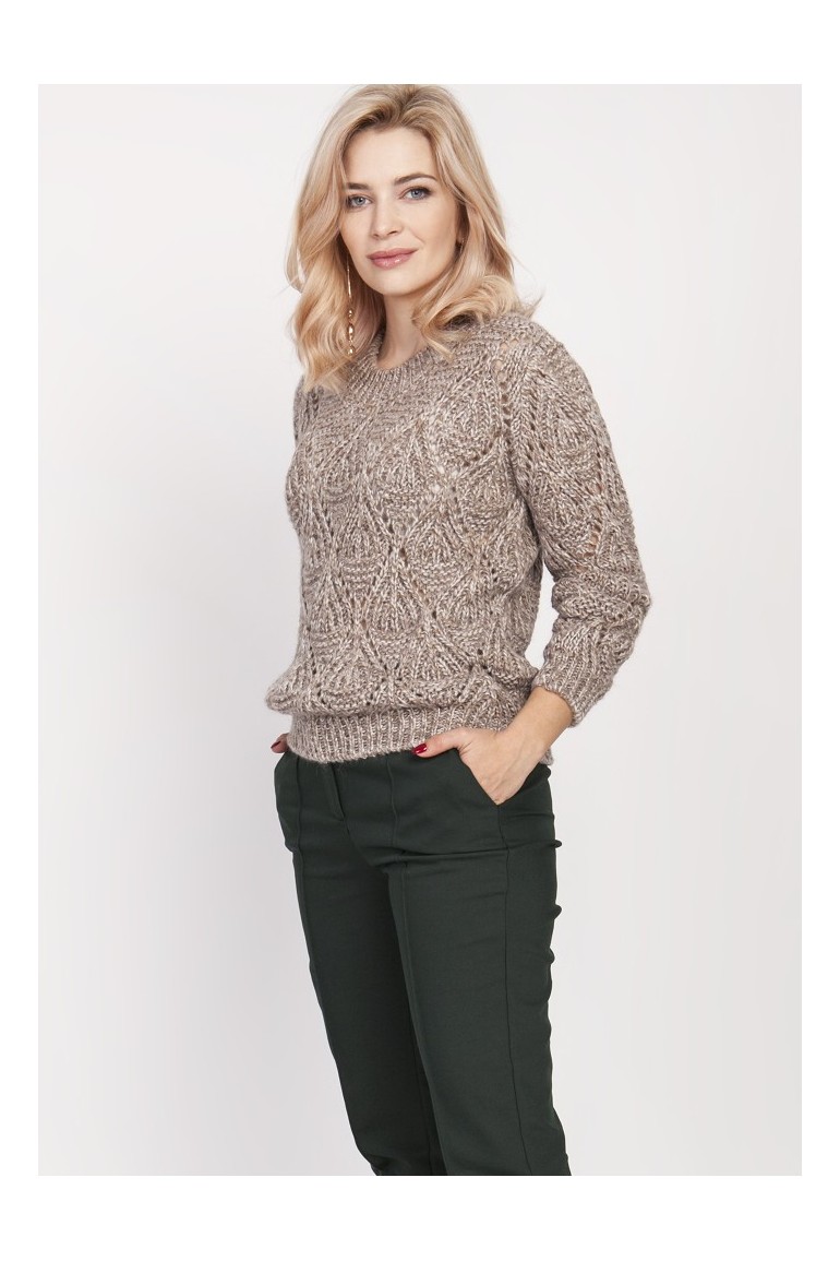 CM4677 Ażurowy sweter z długim rękawem - mocca