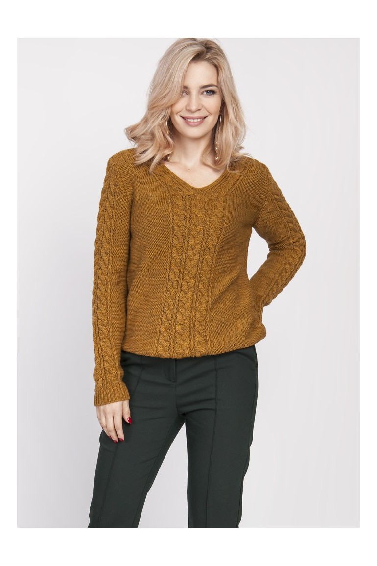 CM4678 Sweter z dekoltem w serek - musztardowy