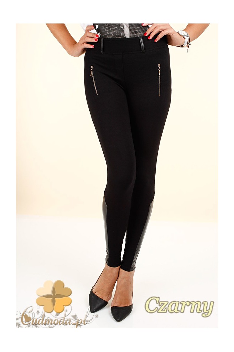 CM0302 Legginsy spodnie z ozdobną skórą i zameczkami - czarne