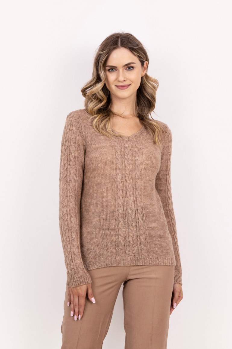 DM0919 Sweter damski z warkoczami – mocca