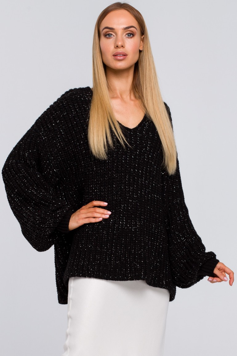 CM4804 Luźny sweter z dekoltem w serek - czarny