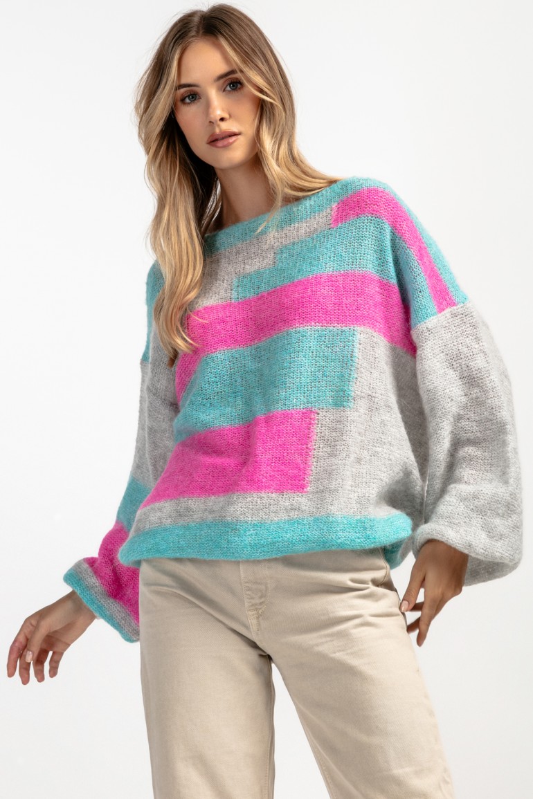 CM9798 Kolorowy casualowy sweter z wełny - różowy