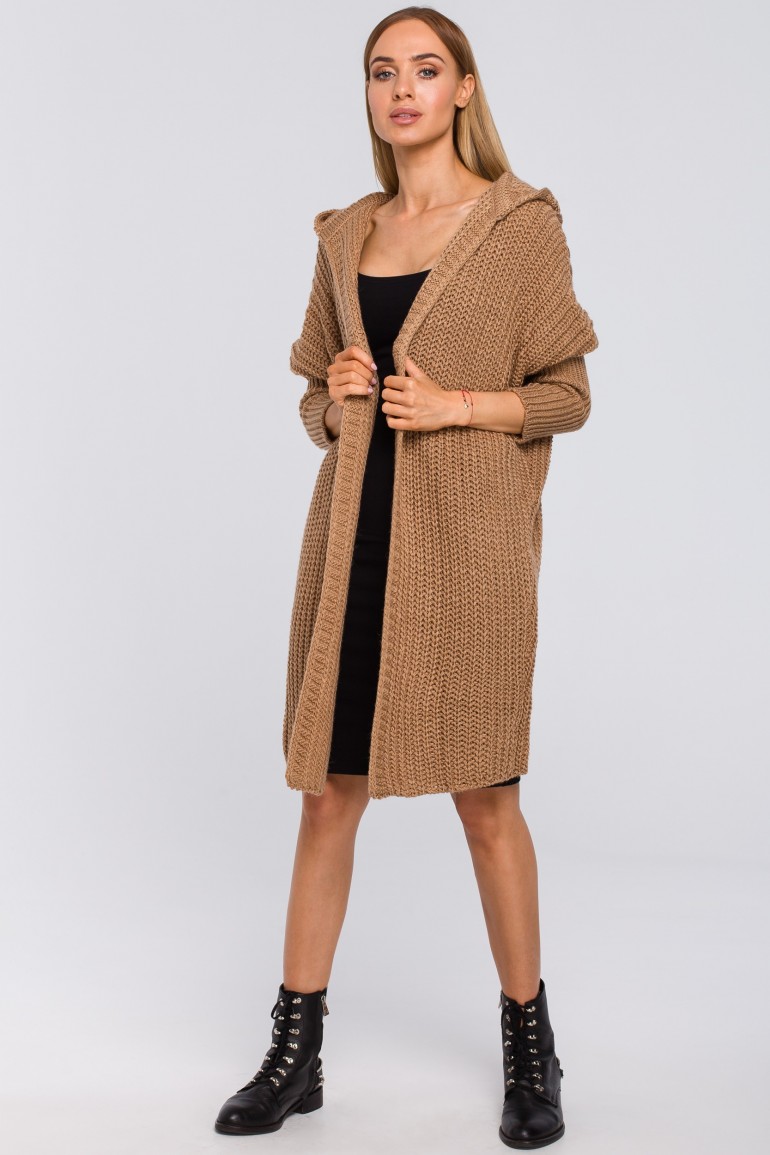 CM4808 Kardigan oversize z kapturem - kamelowy