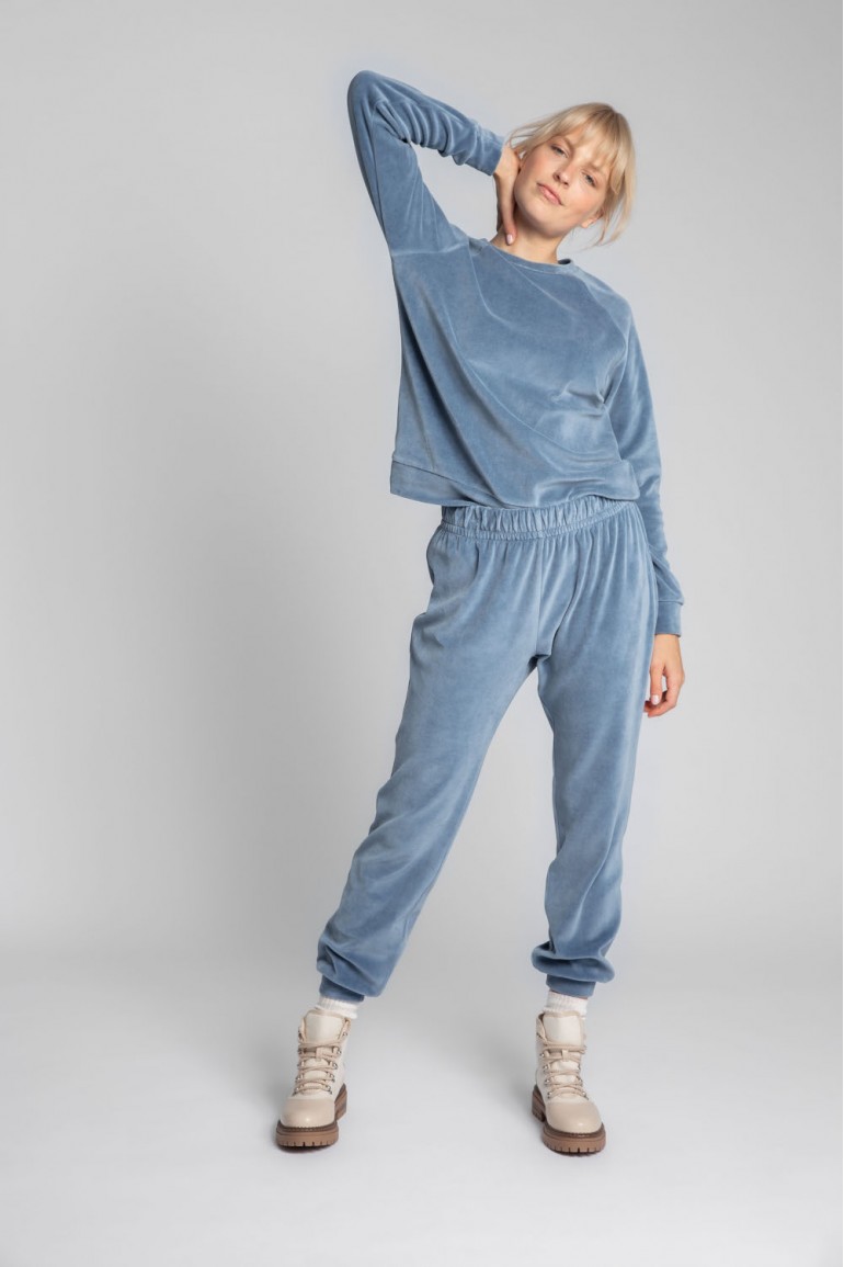 DM1131 Welurowe spodnie typu joggers - niebieskie