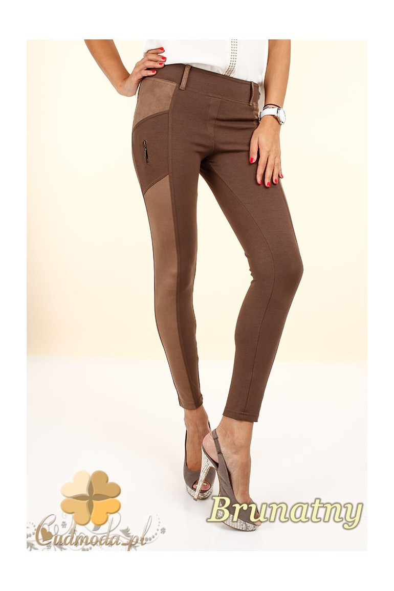 CM0304 Legginsy ze wstawką z zamszu i zameczkami - brunatne
