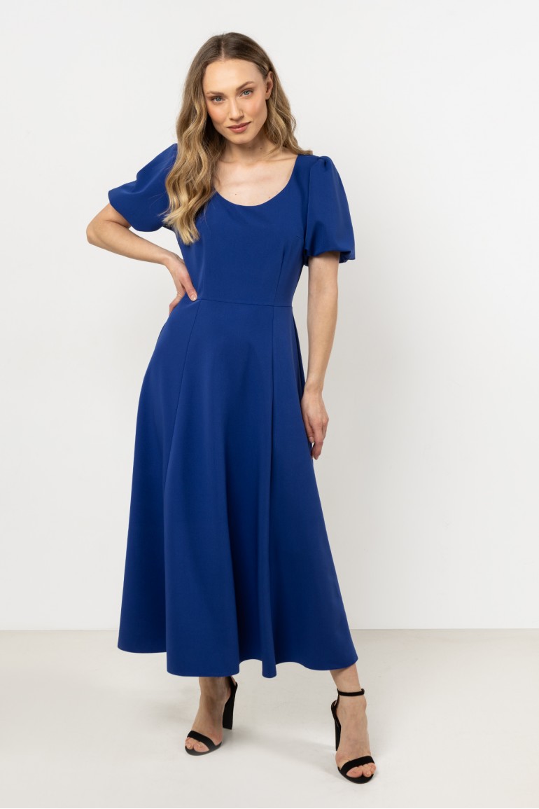 DM1221 Elegancka sukienka rozkloszowana - niebieska