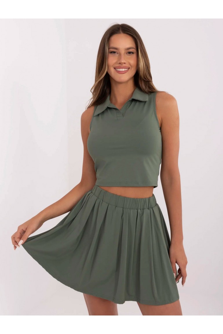DM1290 Komplet damski z bluzką i spódniczką mini - khaki