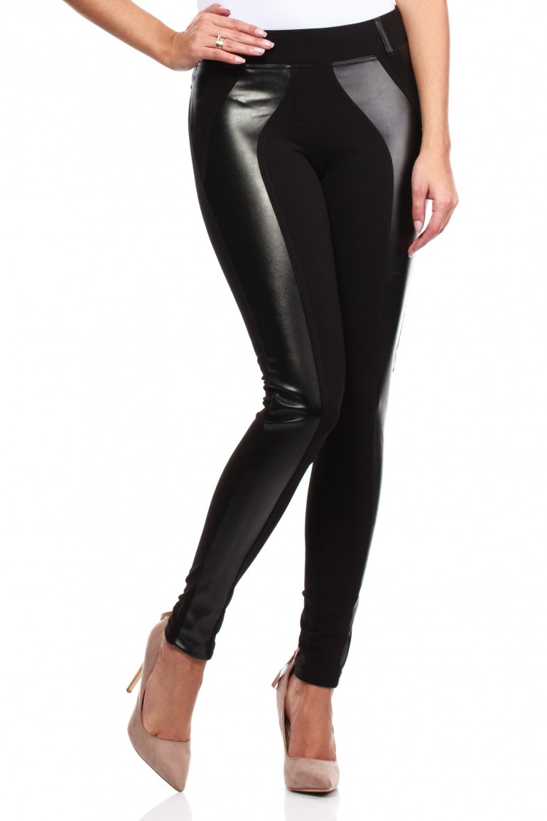 CM0030 Włoskie legginsy ze skórzaną wstawką czarne