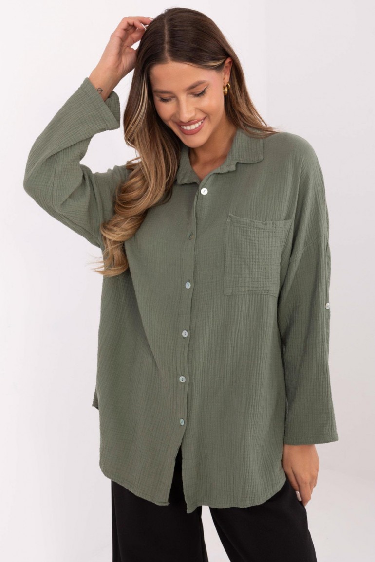 DM1296 Koszula muślinowa z kieszenią - khaki