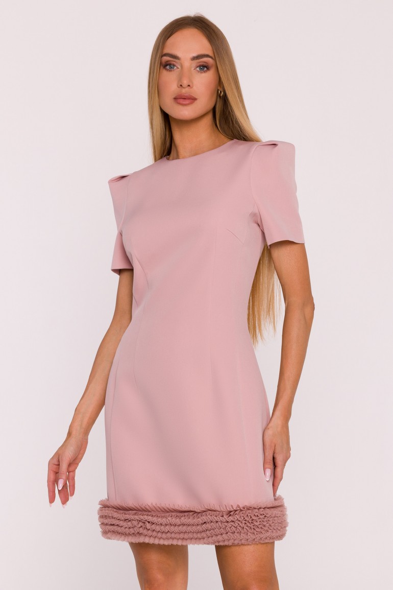 DM1359 Elegancka sukienka mini z marszczonym tiulem - pudrowa