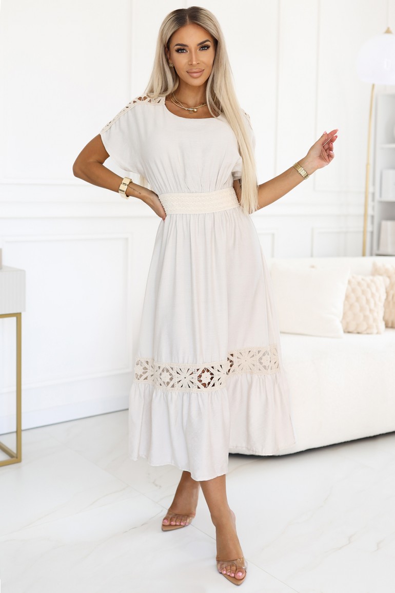 DM0848 Sukienka w stylu boho z ażurowymi wstawkami - ecru
