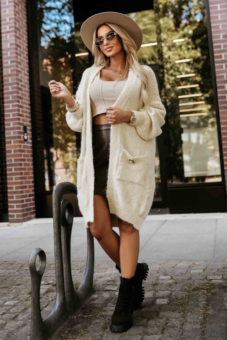 DM0855 Kardigan oversize z kieszeniami - beżowy
