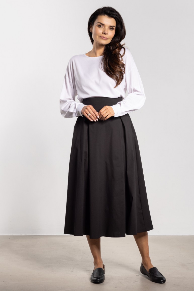 DM1433 Elegancka spódnica midi z wysokim stanem i wiązaniem - czarna