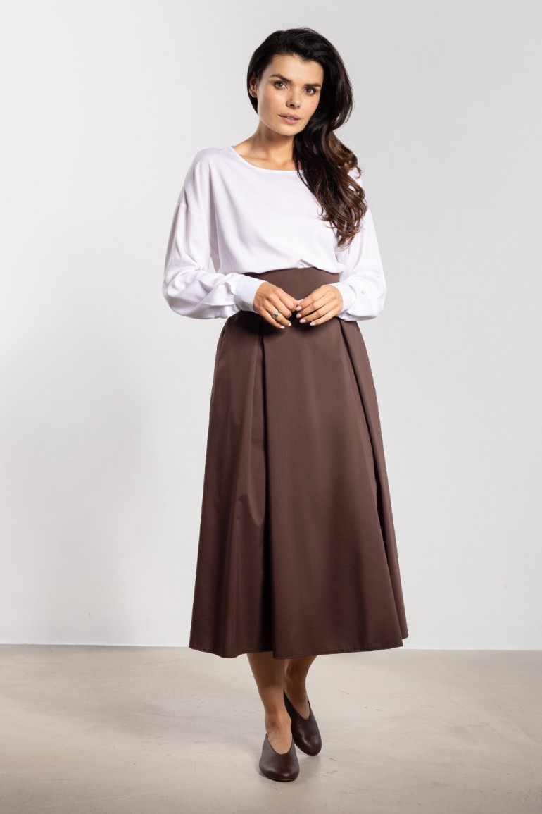 DM1433 Elegancka spódnica midi z wysokim stanem i wiązaniem - czekoladowa