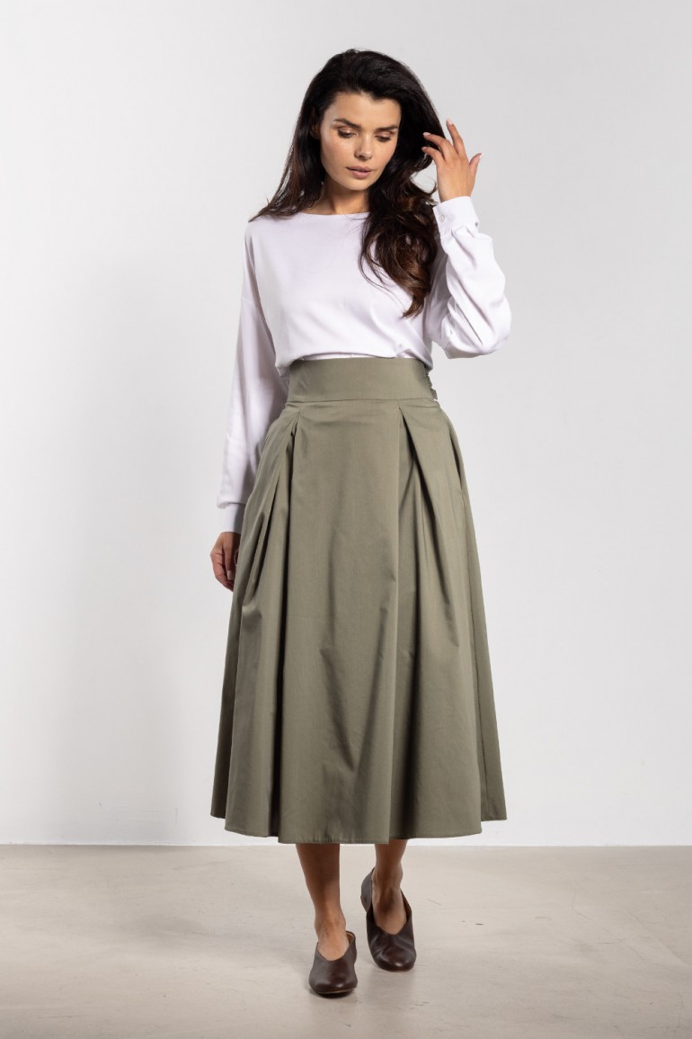 DM1433 Elegancka spódnica midi z wysokim stanem i wiązaniem - szałwiowa