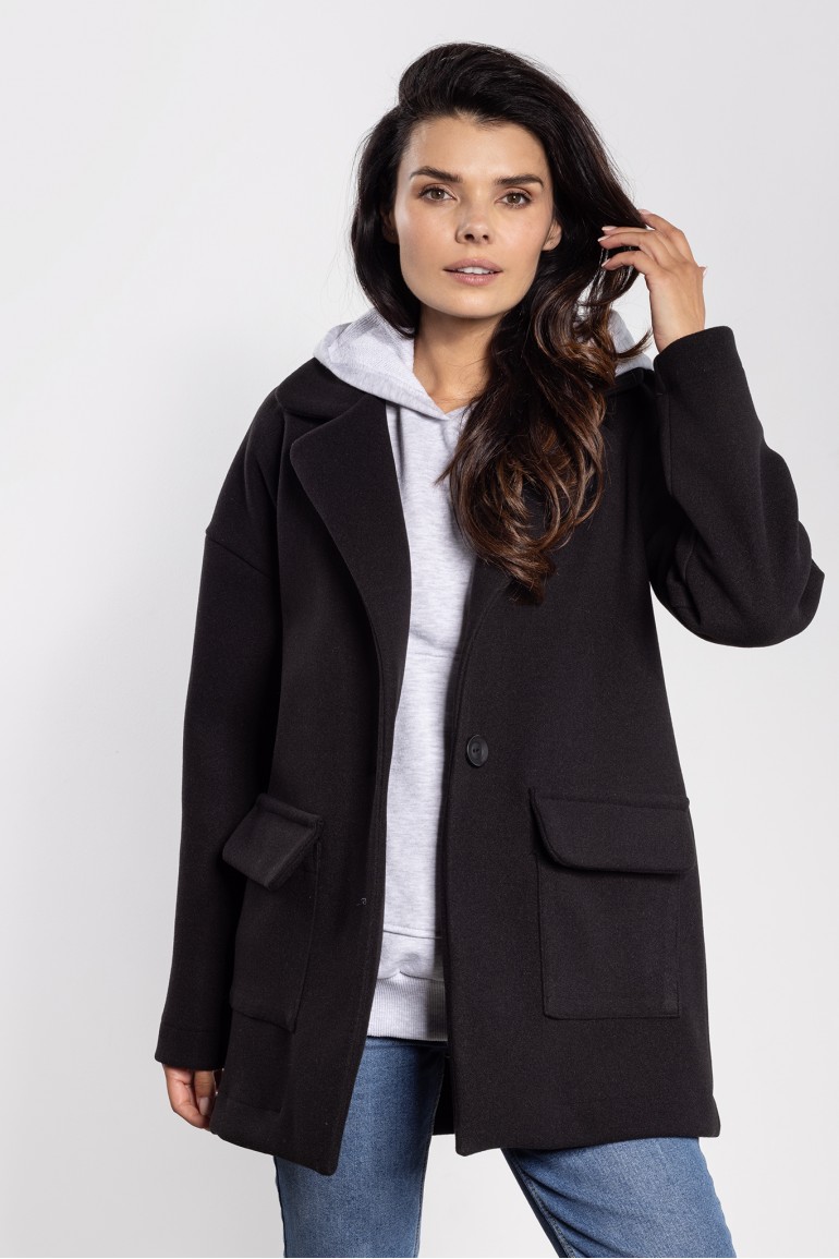 DM1446 Luźna kurtka oversize z kieszeniami - czarna