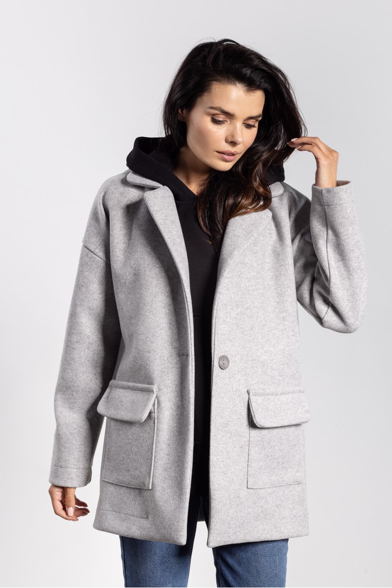 DM1446 Luźna kurtka oversize z kieszeniami - szara