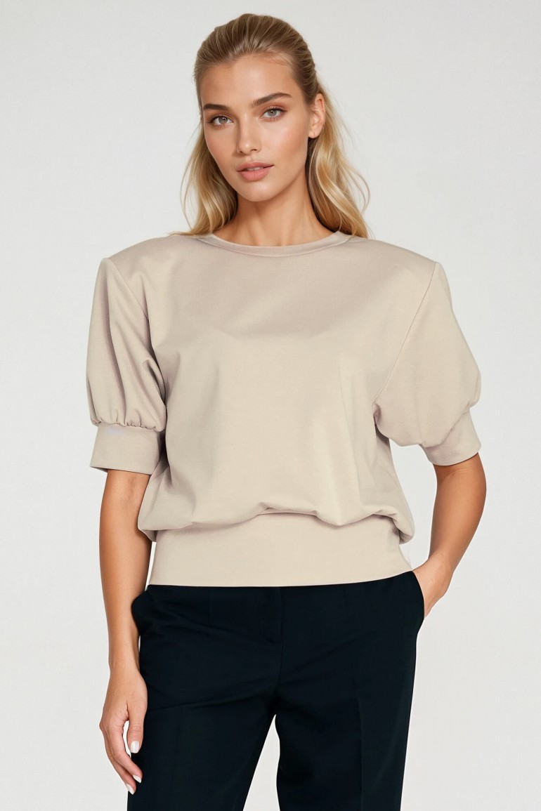 DM1418 Bluza z krótkim rękawem i okrągłym dekoltem - beżowa