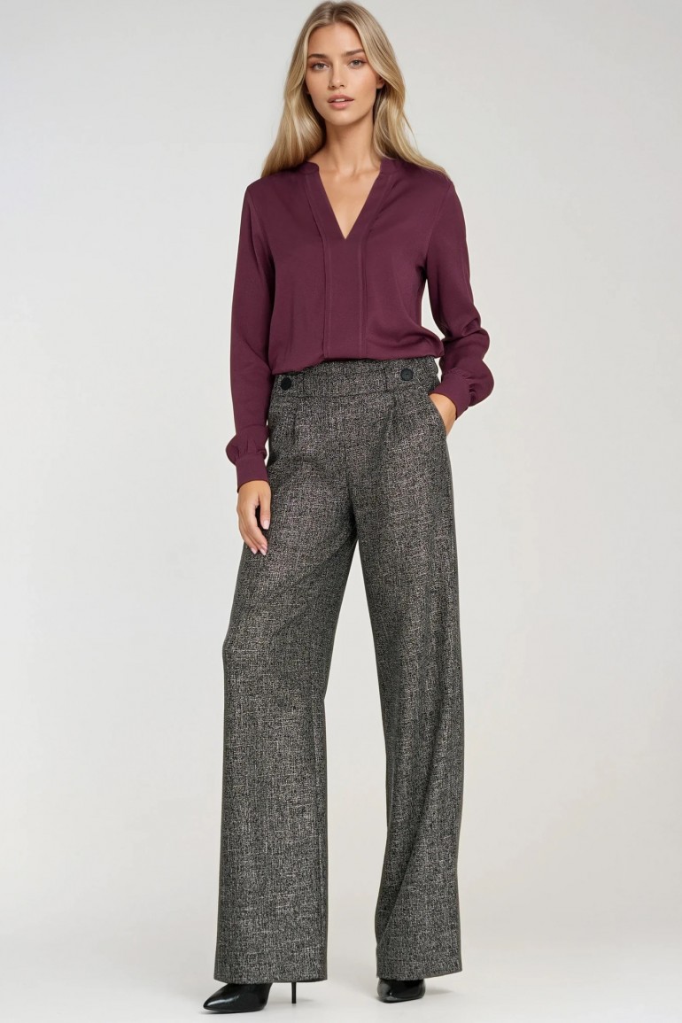 DM1414 Spodnie wide leg z gumą w pasie i guzikami - czarne
