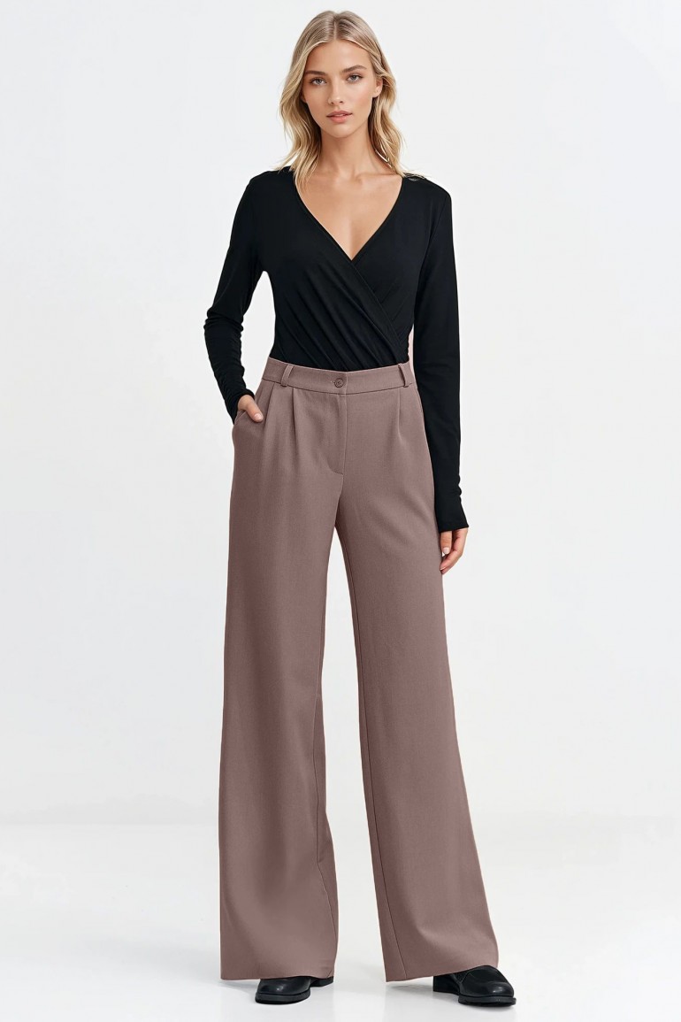 DM1413 Spodnie z zakładkami wide leg - mocca