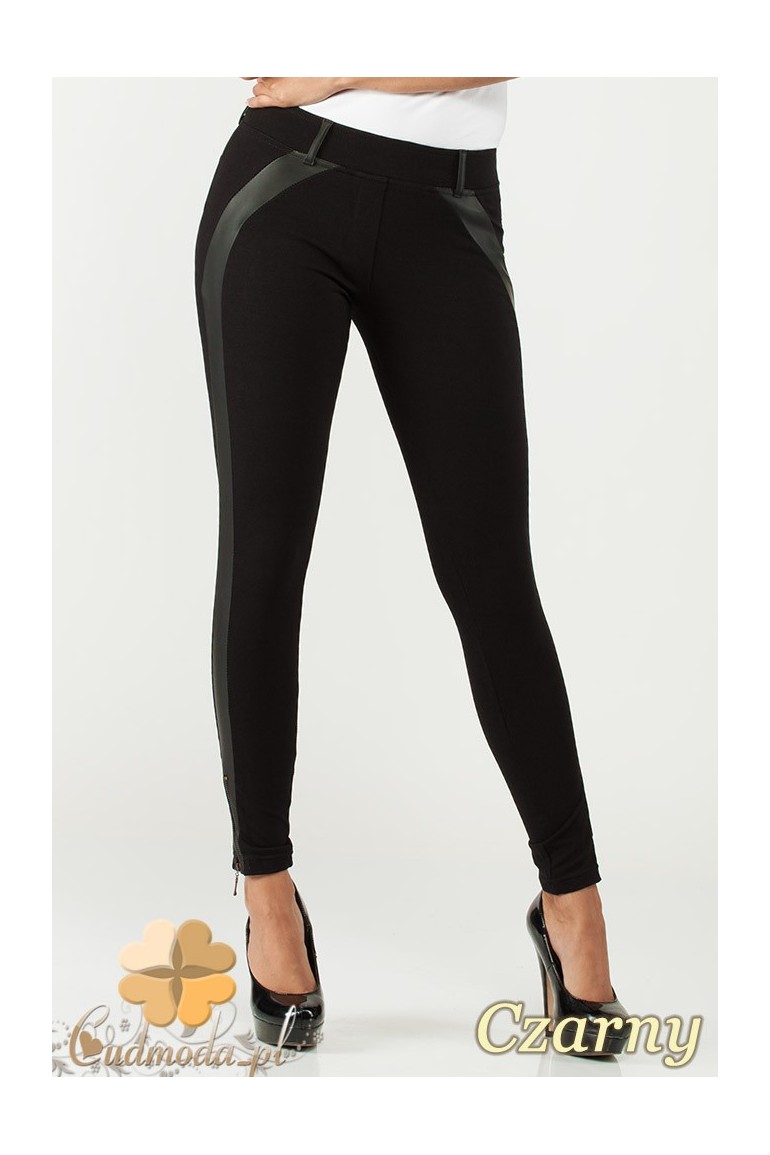 CM1015 Spodnie rurki legginsy z lampasem ze skóry - czarne