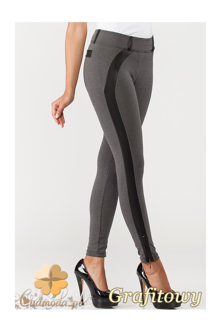 CM1015 Spodnie rurki legginsy z lampasem ze skóry - grafitowe