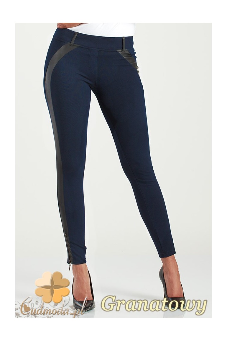 CM1015 Spodnie rurki legginsy z lampasem ze skóry - granatowe
