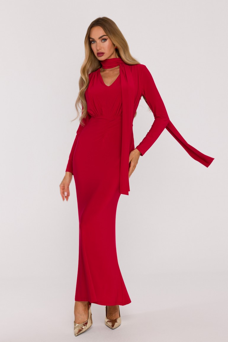 DM1509 Elegancka sukienka maxi z szarfą - czerwona