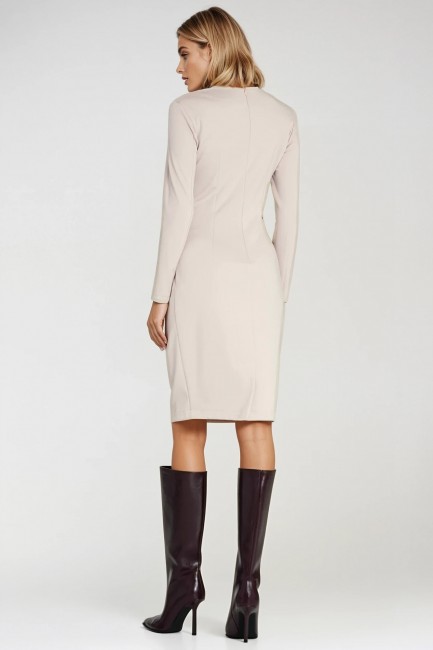 Sukienka midi z kopertowym dekoltem - beżowa