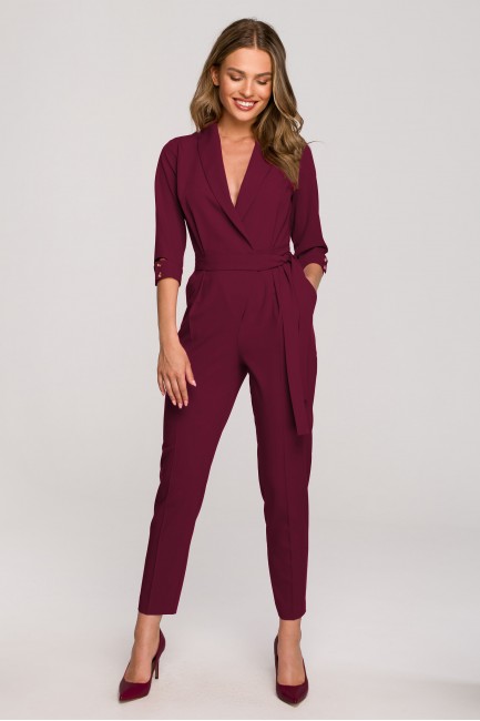 Elegancki kombinezon z kołnierzem szalowym - bordowy CM6914 Elegancki kombinezon...