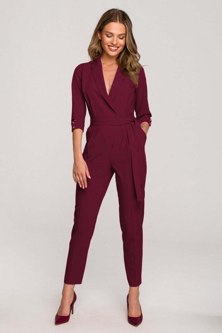 CM6914 Elegancki kombinezon z kołnierzem szalowym - bordowy