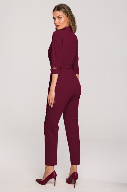 Elegancki kombinezon z kołnierzem szalowym - bordowy