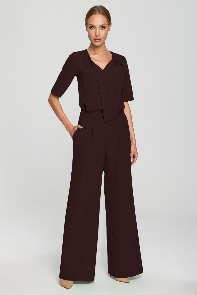 CM6847 Stylowy kombinezon z szerokimi nogawkami - brązowy