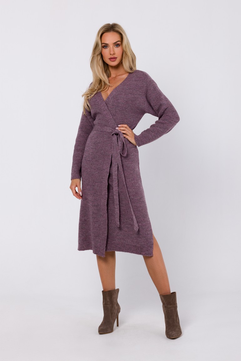 CM7624 Sukienka swetrowa z wiązaniem w talii - wrzosowa