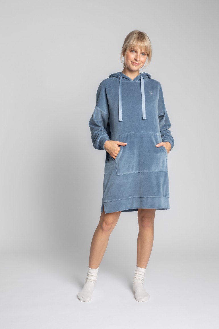 CM5704 Welurowa sukienka z kapturem - niebieska