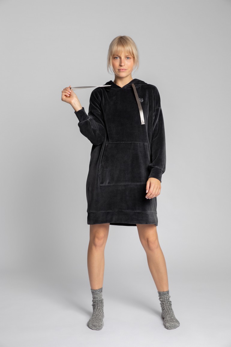 CM5704 Welurowa sukienka z kapturem - grafitowa
